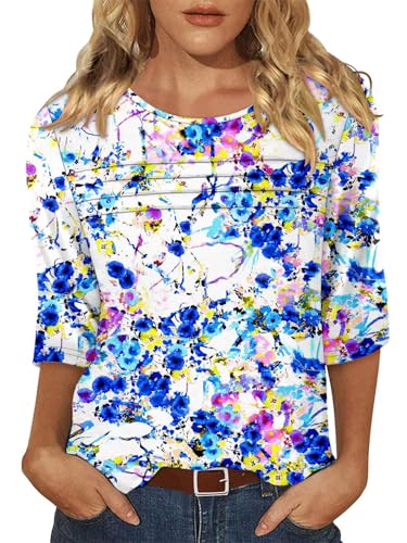 KISSMODA Women's Casual 3/4 Sleeve T-Shirts Round Neck Cute Tunic Tops Basic/Pleated Summer Tops Trendy Spring Blouses