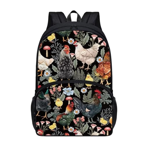 Cute 17 Inch Kids School Backpack for Girls with Front Pocket Padded Straps Nostalgic Chicken Rooster Backpack Girls Lightweight Print Bookbag Black Simple Style Student Daypack