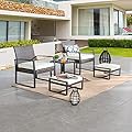 LOKATSE HOME 5-Piece Wicker Outdoor Conversation Set Patio Furniture PE Rattan All Weather Cushioned Chairs Balcony Porch with Ottoman and Glass Coffee Side Table
