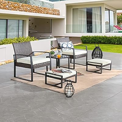 LOKATSE HOME 5-Piece Wicker Outdoor Conversation Set Patio Furniture PE Rattan All Weather Cushioned Chairs Balcony Porch with Ottoman and Glass Coffee Side Table