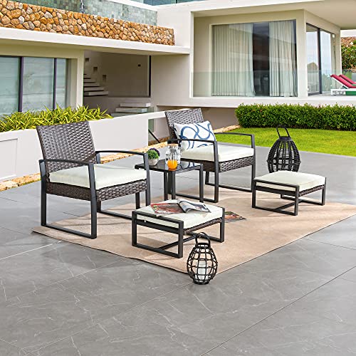 LOKATSE HOME 5-Piece Wicker Outdoor Conversation Set Patio Furniture PE Rattan All Weather Cushioned Chairs Balcony Porch with Ottoman and Glass Coffee Side Table, Beige