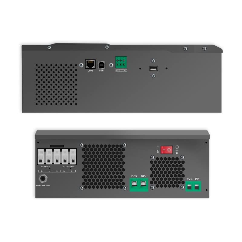 Top and bottom views of the Green Cell Off Grid Inverter showing various connection ports.