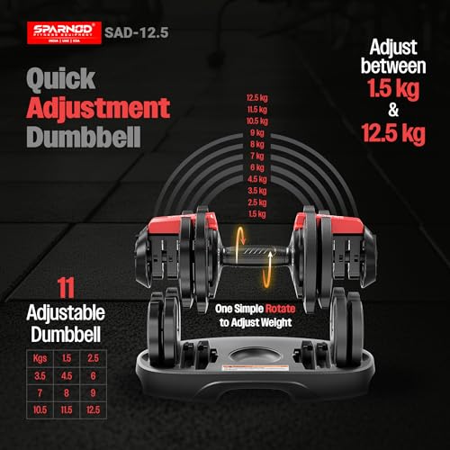 Image of Sparnod Fitness SAD 12.5 Adjustable Dumbbells 12.5kg (Set of 2) with 11 Weight Increments (1.5-12.5kg), One-Hand Quick Adjustment Safety Lock & Storage Rack, Ergonomic Non-Slip Grip, Premium Steel Build