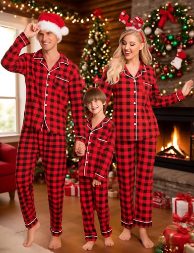 SWOMOG Family Christmas Pajamas Set Women & Men & Kids Long Sleeve Pj Set Party Sleepwear Button-Down Loungewear Set Men Red With Black Grid Large2