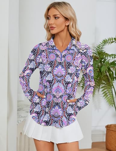 Image of LOMON Women Long Sleeve Shirts Sun Protection 1 /4 Zip Summer Quick Dry Hiking Shirts Quarter Zip Pullover for Women