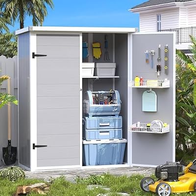 Amopatio 47 Cu.ft Vertical Storage Shed with Shelves, 4.5x5.5 FT Outdoor Resin Shed with Floor, Waterproof Weather Resistance Plastic Cabinet, Lockable Doors for Patio, Garden, Lawn, Grey & White