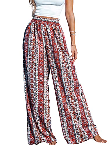 CUPSHE Women's Wide Leg Tribal Print Smocked Pants High Elastic Waisted Bobo Pants