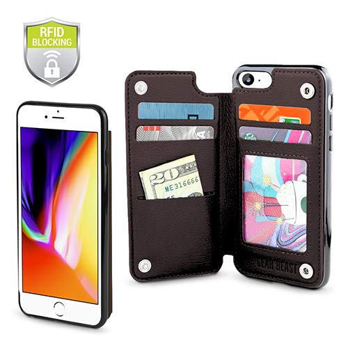 Gear Beast Top Grain Genuine Leather Protective Top View Slim Wallet Case Fits iPhone 8/7 Includes RFID Protection, Flip Folio Cover, with Five Card Slots Including Transparent ID Holder