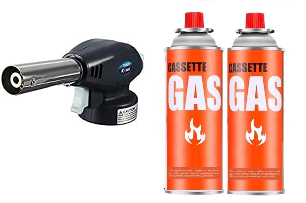 Automatic Camping Gas Torch Blowtorch Welding Flame Gun Food Gun Butane Gun Torch with Butane Gas Canister 225 GM (Flame Gun with 2 Butane Canister)