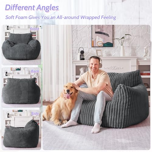 Image of HABUTWAT Giant Bean Bag Chair for Adults, Large Bean Bag Floor Sofa Chair with Armrests, Plush Fluffy BeanBag Lazy Sofa Couch Chair for Bedroom Living Room Reading (Dark Grey)