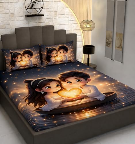 Image of Premium 7D Printed King Size Bedsheet Set with Pillow Covers Soft Cotton Blend Double Bedsheet for Home (Pillow Covers :18x28 inches Bedsheet :90x100 Yellow Couple)