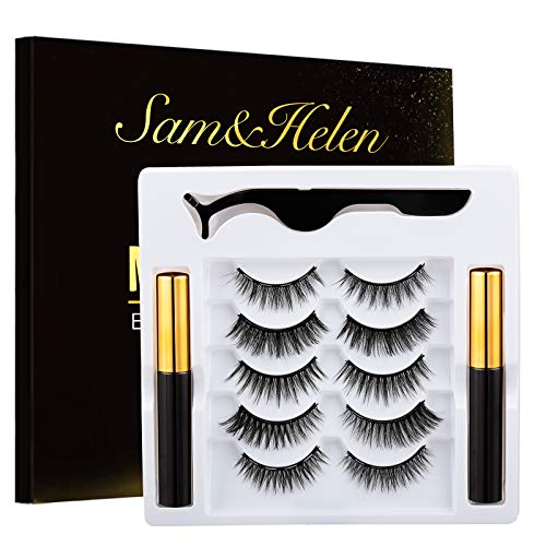 Sam&Helen Magnetic Eyelashes With Eyeliner Kit, 5Pairs Magnetic Eyelashes And 2 Tubes Magnetic Eyeliners With Eyelash Applicator-No Glue Needed