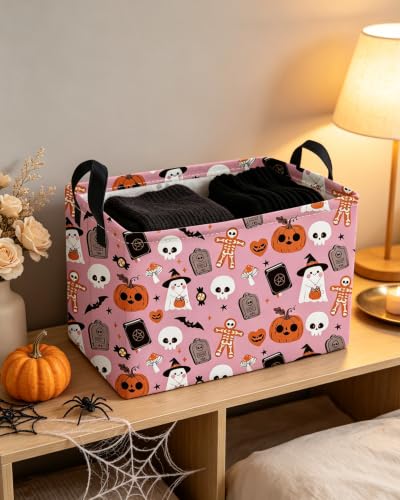 Image of Essme Rectangular Halloween Basket,Pink Storage Bins Organizer with Handles for Room Decor, Gift Basket.(Magic Halloween)