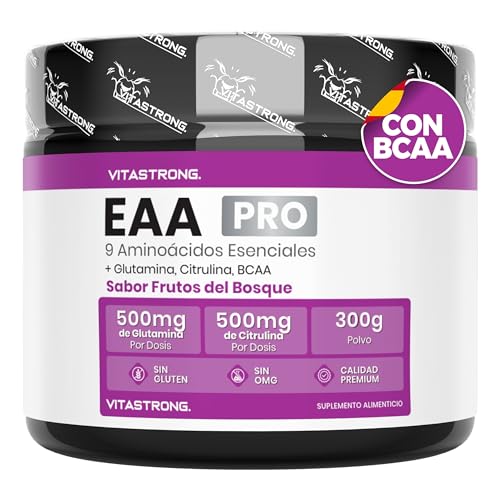 EAA PRO Aminoácidos Esenciales Vitastrong, 9 EAA Aminoácidos Esenciales en Polvo 300g,BCAA Aminoacidos Ramificados,L Glutamina,L Triptofano,L Lisina,L Citrulina,L Tirosina,Leucina,Sabor Frutos Rojos
