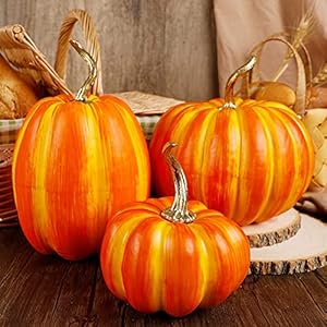 winemana 3 Pcs Thanksgiving Decorations Large Artificial Pumpkins, Orange Rustic Tabletop Centerpieces, Friendsgiving Decorations for Home Kitchen Table Fall Harvest Season