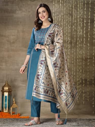 Image of Stylum Women's Embroidered Cotton Blend Straight Kurta Pant with Dupatta