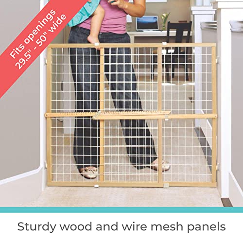 Toddleroo By North States 50" Wide Extra Wide Wire Mesh Baby Gate, Made In Usa: Installs In Wide Opening Without Damaging Wall. Pressure Mount. Fits 29.5"-50" Wide (32" Tall, Sustainable Hardwood) #TOP3