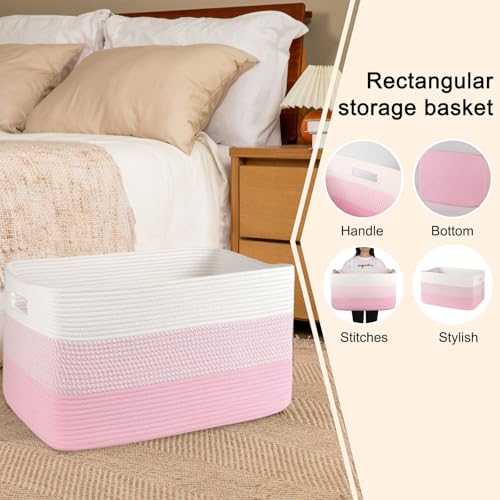 Image of OIAHOMY Large Blanket Basket, 22 inchx17 inchx12 inch Rectangle Woven Baskets, Nursery Blanket Storage Living Room, Toy Storage With Handle, Large Baskets for Organizing - Pink /White