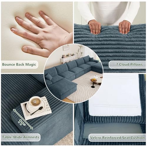 Image of 165 inch Cloud Couch Modular Sectional Sofa for Living Room, U-Shape Boneless Couch with Deep Seat, Modern Corduroy 5-Seater with Ottomans, No Assembly Required, Blue