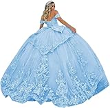 Fuomomo Vestidos de quinceañera de Tul, Vestido de Baile con Apliques de Encaje Brillante, Vestidos de quinceañera, Vestido de Fiesta Largo de Princesa con Hombros Descubiertos y Vuelo MT038