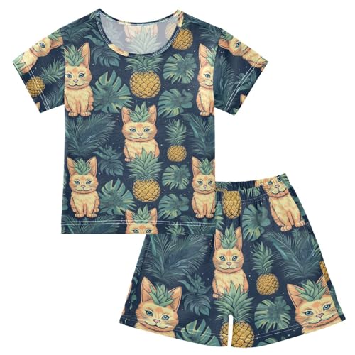 ALAZA Cute Pineapples Cats Pajama Set Short Sleeve Sleepwear Soft Lounge Nightwear