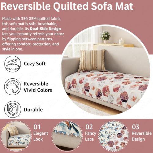 Image of Lukzer 1 Seater Sofa Cover Mat Reversible Quilted Sofa Seat Protector with WaveEdge Ultrasonic Cut - Marble Mesh - Washable Anti-Slip Sofa Throw for Living Room Couch Cover 60 x 85 CM /SC-204-01WE
