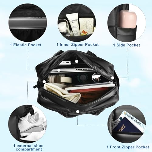 Felipe Varela Puffer Travel Duffle Bag, Gym Bag for Women with Shoe Compartment, Lightweight Tote Weekender Overnight Carry on Duffel Bags for Travel, Airplanes (Black,19L)4