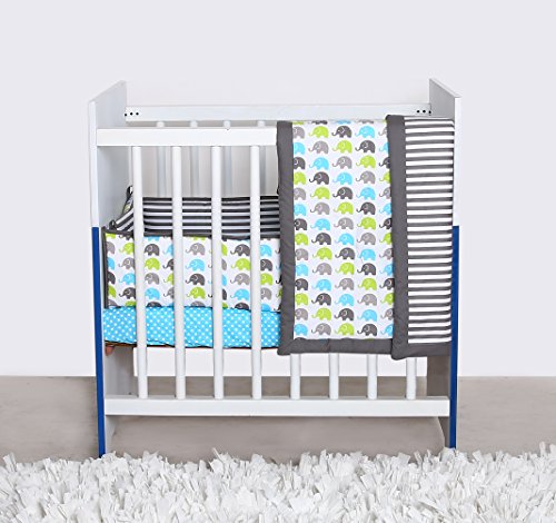 Bacati Elephants Portable 3-Piece Crib Bedding Set, Aqua/Lime/Grey