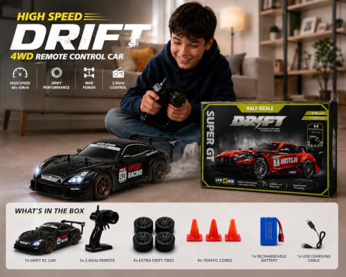 Image of Nextronix 40 km /h High-Speed 1:16 Scale 4WD RC Drift Car | 2.4GHz Remote Control Racing Car with LED Lights & Rechargeable Battery | Carbon Black Edition