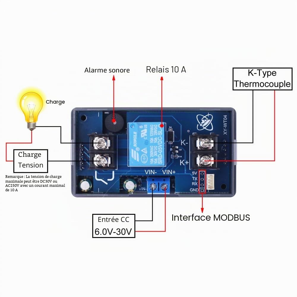 Thermostat Numérique Haute Température de Type K XY-WT04,-99-999 Degrés avec Capteur de Température a Thermocouple de Type K de 1 M,Affichage LCD,Contrôleur de Commutateur de Relais 10A