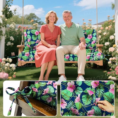 Image of Porch Swing Cushions Outdoor 48 inch Waterproof Extra Thick 5 inch Swing Cushions Replacement with Backrest and Ties for Outdoor Furniture Porch Patio Garden Lawn (Rainforest Pattern)