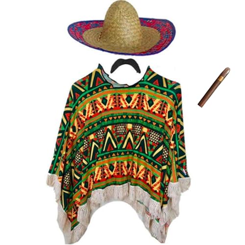 Adults Mens Womens Mexican Fancy Dress Costume Poncho Moustache Sombrero Day of the Dead Halloween Outfit