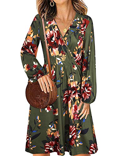 STYLEWORD Women s V Neck Long Lantern Sleeve Casual Swing Floral Midi Dress with Pocket(560Floral04, S)