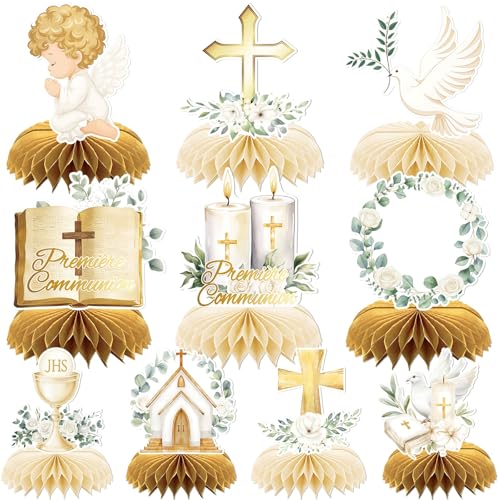 AUGSUN Lot de 10 Décoration Baptême Fille et Garçon, Chemin de Table Communion en Nid d'abeille avec Pigeon et Croix, 15x15 cm Doré/Blanc