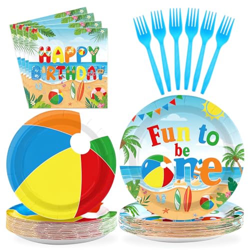 Image of Greencian 96Pcs Beach Ball 1st Birthday Summer Party Decorations, Serves 24 | Summer Beach Ball 1st Birthday Plates and Napkins Fun to Be One Tableware Set for Baby Shower Luau Pool Party Supplies