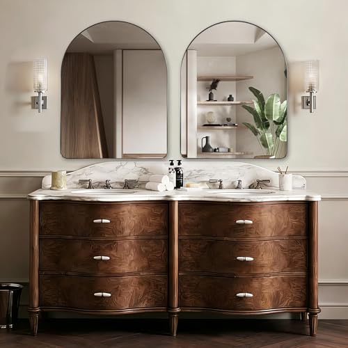 Image of ANDY STAR 30 x 40 Inch Arched Mirror, Brushed Nickle Bathroom Mirror in Stainless Steel Metal Frame, Arch Top Rounded Corner 1 Inch Deep Set Design Wall Mount Hangs Vertical