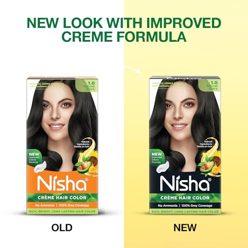 Image of Nisha Creme Hair Color Cream Natural Black 1.0, 120g, Long Lasting Hair Dye for Grey Coverage, Rich Color & Natural Shine, For Men & Women, Pack of 1