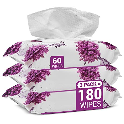 Herb & Luxe Face Wipes, Flip-Top Makeup Remover Facial Cleansing Wipes with Aloe Vera for Sensitive, Oily, dry Skin, Face/Hands/Body, Women/Men, 60 Count, Lavender (Pack of 3 = 180 Wipes)