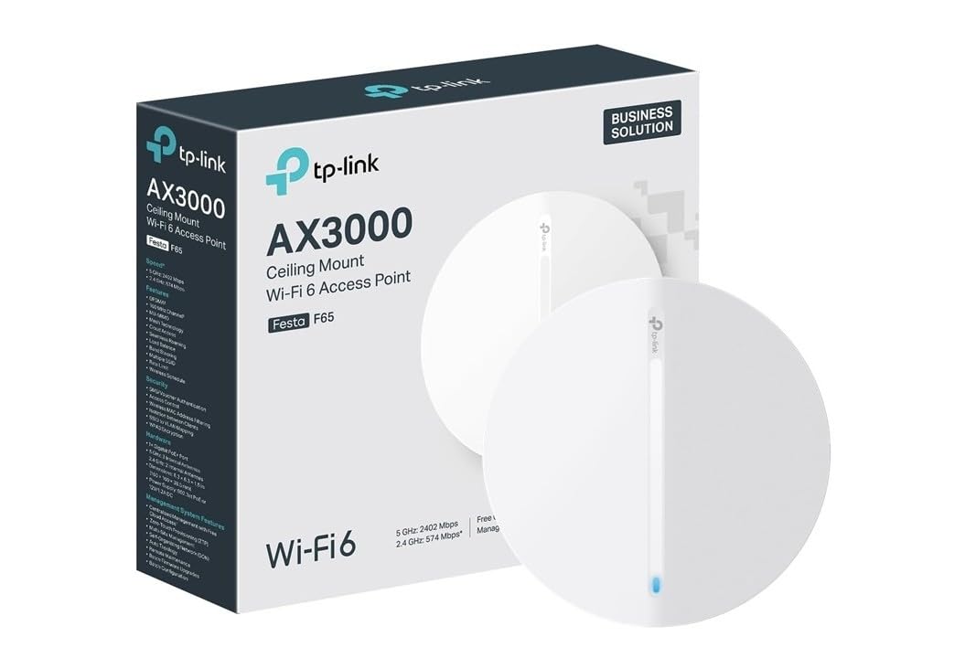 TP-Link Festa F65 Punto de Acceso WiFi 6 Dual-Banda AX3000, Montaje en Techo, 1× Puerto PoE Gigabit, Gestión centralizada en la Nube Gratuita, Configuración y Uso fáciles, sin Necesidad de IT