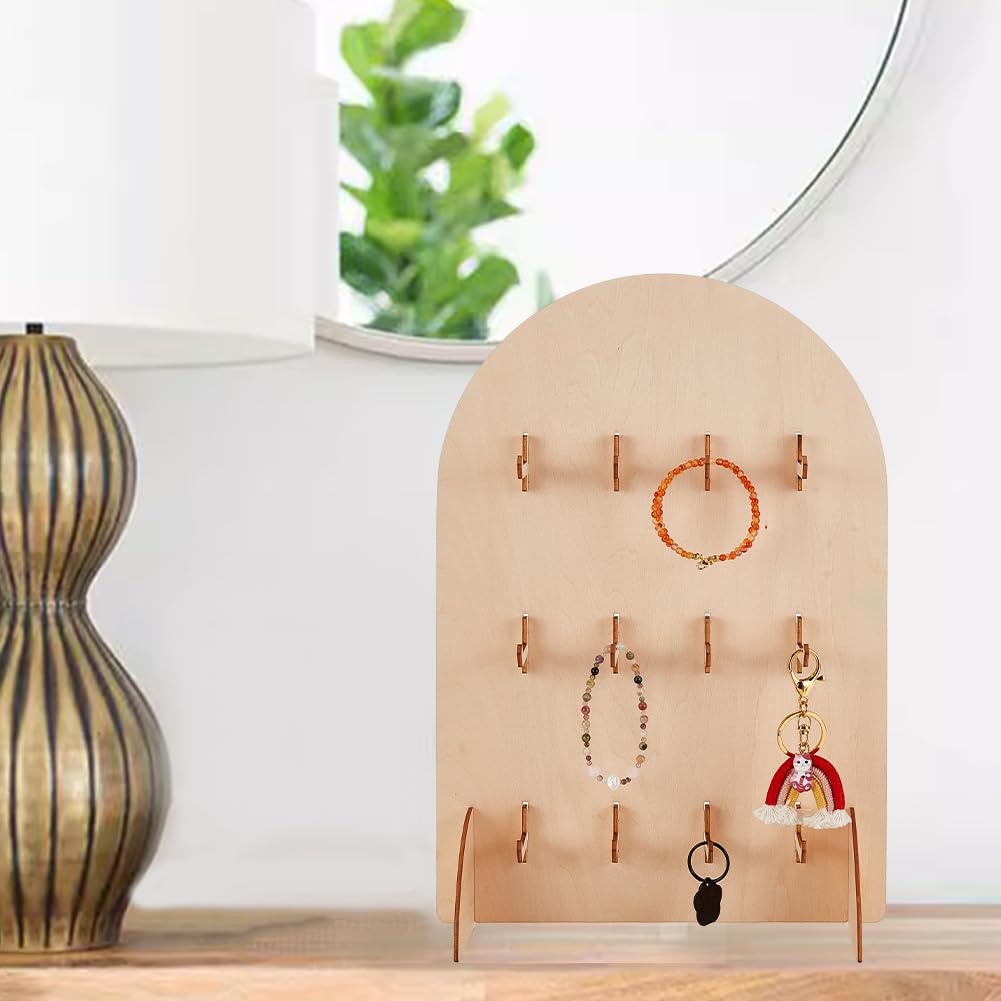 PH PandaHall Stecktafel-Präsentationsständer, Bogenförmiger Präsentationsständer Für Armbänder Aus Holz, Tisch-Schmuck-Organizer Mit 12 Haken Für Ohrringkarten, Halsketten, Rauchig, 15x15x40.3 cm