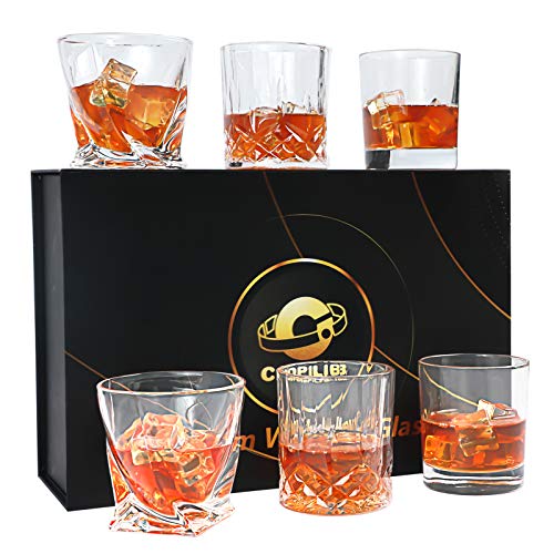 Whiskey Glasses-COPLIB 11 OZ Rocks Glasses With Luxury Box,Set of 6|3 styles Crystal Old Fashioned Whiskey Glasses |Perfect for Whiskey Lovers, Durable Glasses for Scotch, Bourbon, Cocktail