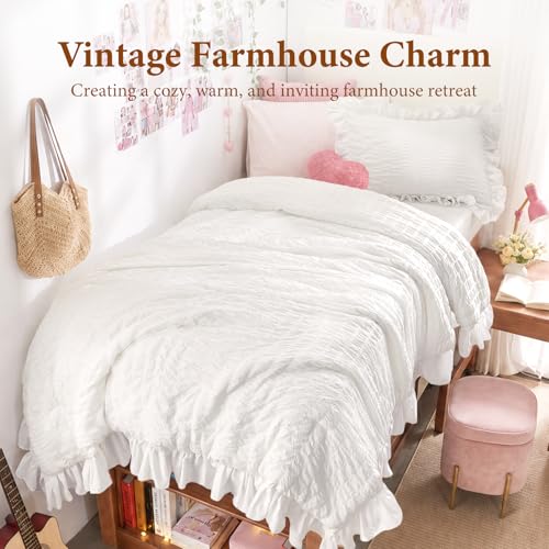 Image of JOLLYVOGUE White Twin /Twin XL Comforter Set, 2 Pieces Seersucker Lightweight Fluffy Bedding Set, Twin Ruffle Comforter, All Season Soft Microfiber Shabby Chic Bed Set