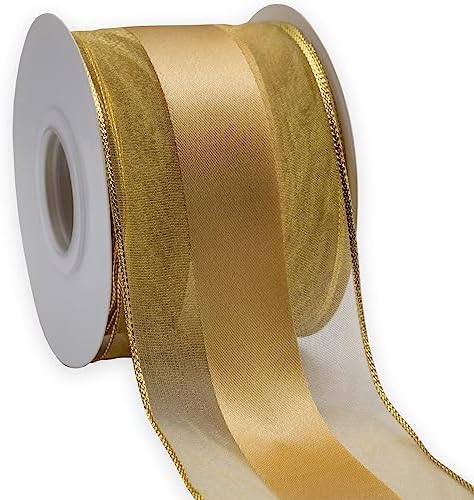 XMRIBBON Wire Edged Ribbon Golden Sheer Edge Satin Ribbon, 2 1/2" x 10 Meters,for Gift Wrapping, Tree Topper, Garland, Christmas Wreath