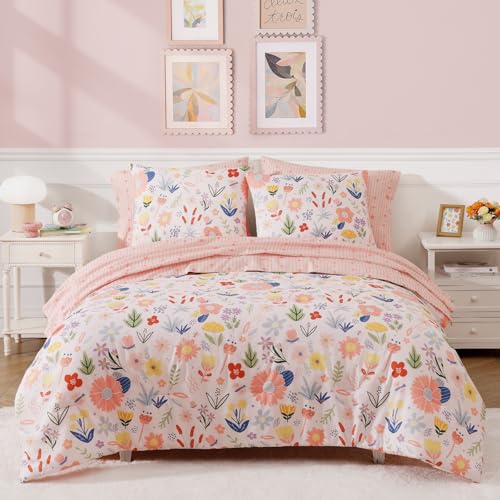 Image of BLOOMHAVEN Full Size Comforter Sets for Girls, 7 Pieces Pink Bedding Set with Pastel Flower, All Seasons Kids Bed in a Bag with Sheets, Pillowcases & Shams
