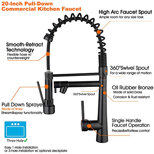 Kitchen Faucet Commercial Style Sturdy Pre Rinse Spring Pull Down Kitchen Sink Faucet with Sprayer,Oil Rubbed Bronze, Beelee BL7092B - Thumbnail 3