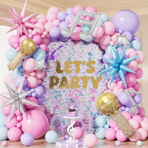 Adeyoo Pink and Purple Balloon Garland Arch Kit 141 Pcs Pink Purple Blue Balloons with Microphone Music Notes & Star Foil Balloons for Girls Birthday Karaoke Pop Music Party Decorations