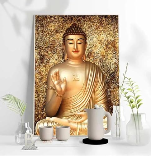 Tableau bouddha doré pour salon zen, affiche murale moderne 50x70 cm encadrée