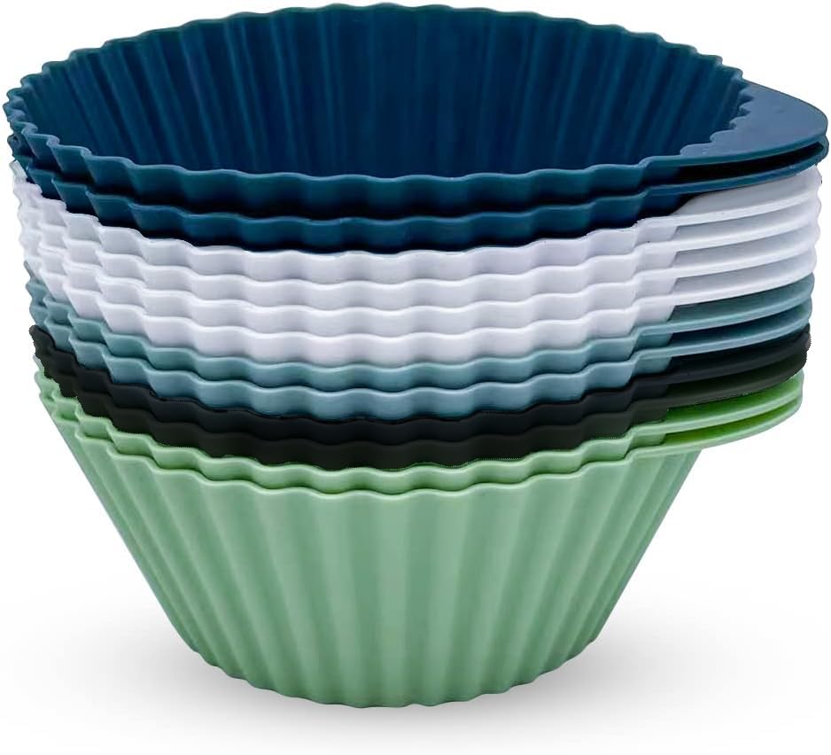 The Silicone Kitchen Reusable Silicone Baking Cups Silicone Muffin Liners for Cupcakes, BPA Free, 12 Pack, white, gray, dusty blue, navy blue, jade green (12)