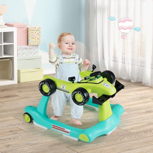 Image of GLACER Foldable Baby Walker, 4-in-1 Infant Walker with Adjustable Height & Speed, Music, Light, Steering Wheel & Washable Cushion, Baby Walker Activity Center for Boys Girls 6 -18 Months (Green)