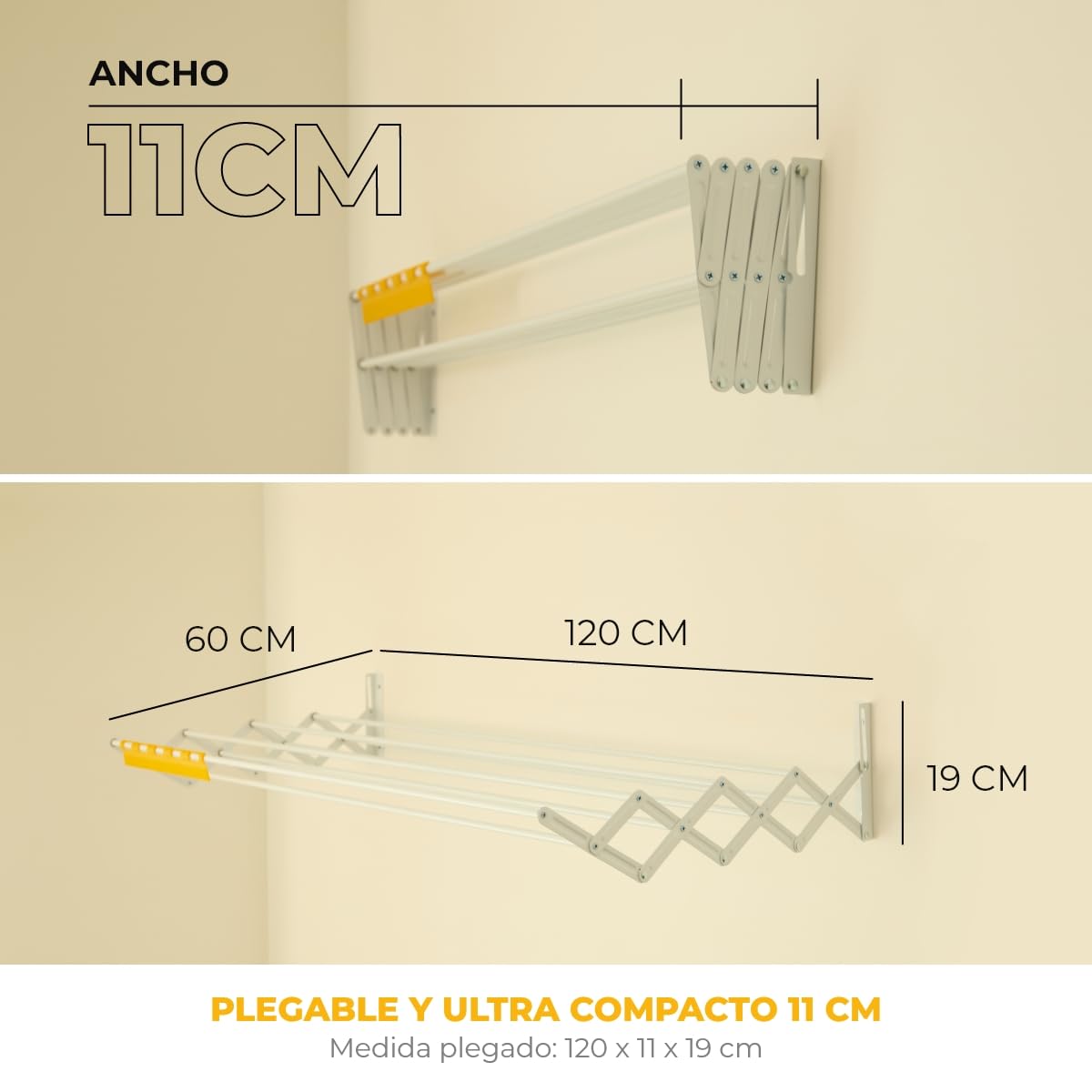 Newlux - Tendedero Extensible Pared Wall V120 (120x60x19cm) con Capacidad 12M/12KG y 8 Barras. Tendedero Pared Plegable 11 cm con Accesorio 27 Prendas Pequeñas. Interior/Exterior, Blanco